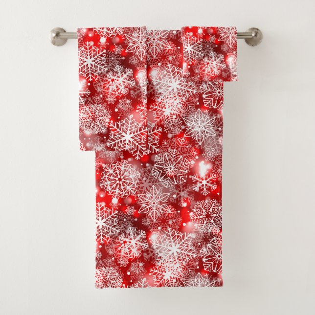 Snowflakes on red bath towel set (Insitu)