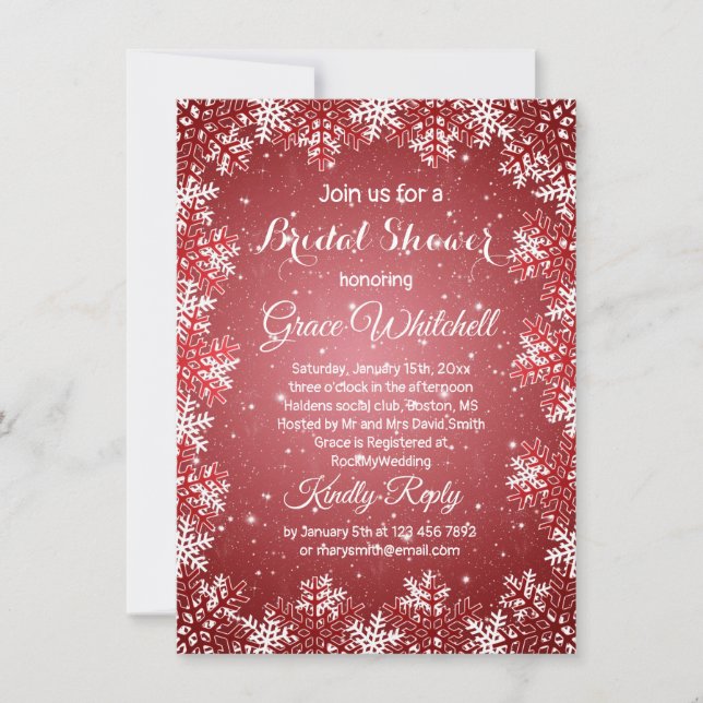 Snowflakes on red Christmas Bridal Shower Invitation (Front)