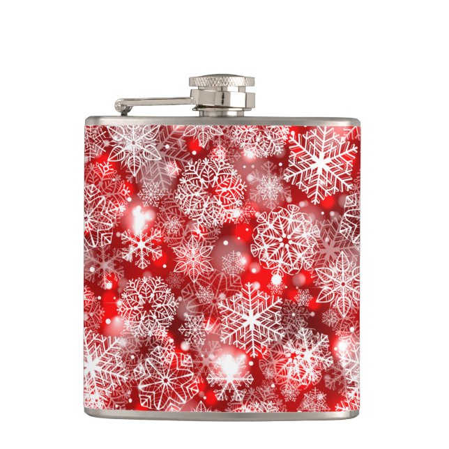 Snowflakes on red hip flask (Front)