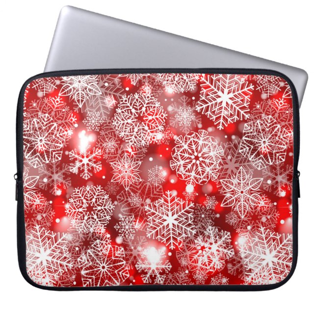 Snowflakes on red laptop sleeve (Front)