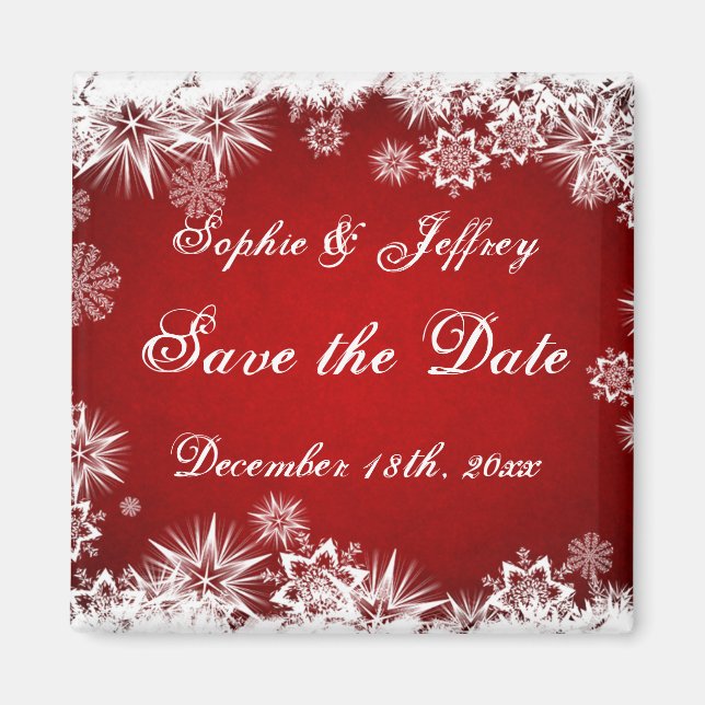 Snowflakes on red Save the Date Magnet (Front)
