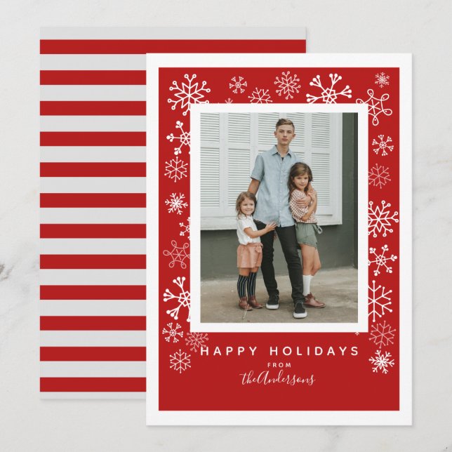 Snowflakes on Red Single Photo Christmas Holiday Card (Front/Back)