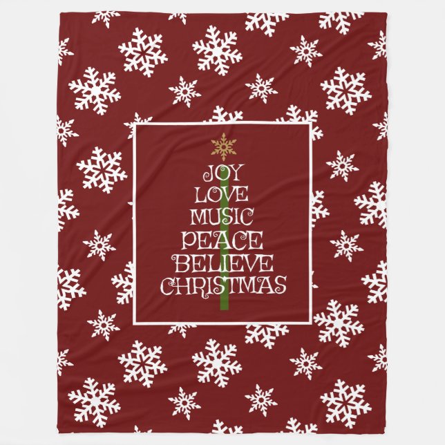 Snowflakes on Red, VIbes of Christmas in a Tree Fleece Blanket (Front)