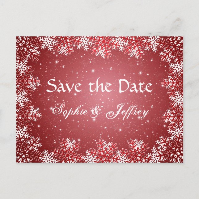 Snowflakes on red wedding Save the date Postcard (Front)