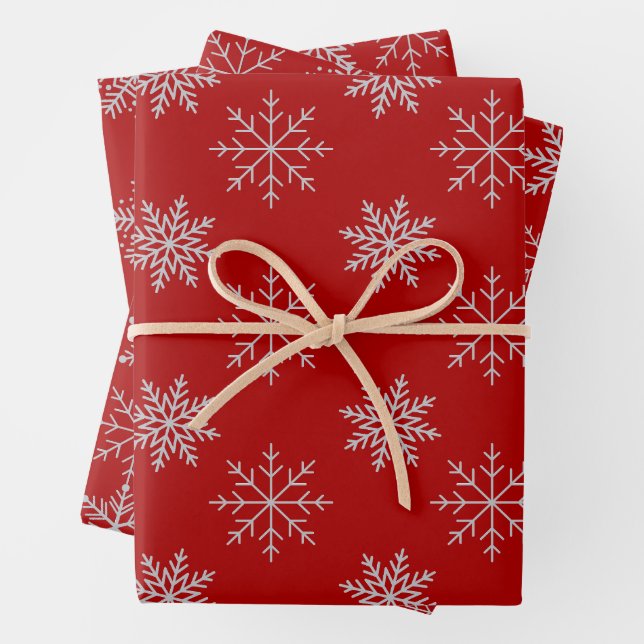 Snowflakes on Red Wrapping Paper Sheet Set (In situ)