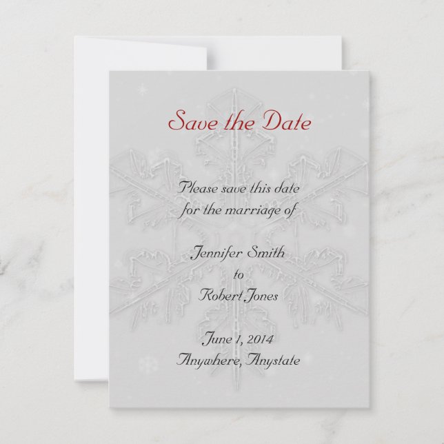 Snowflakes on Silver Save the Date card (Front)