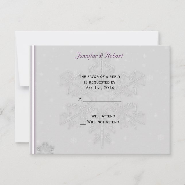 Snowflakes on Silver with Eggplant Accents RSVP Card (Front)