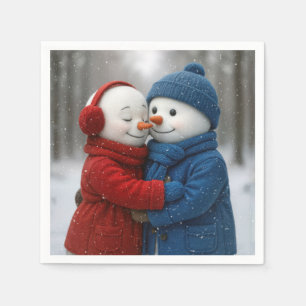 Snowflakes on Snowman Couple in Winter Forest Napkin
