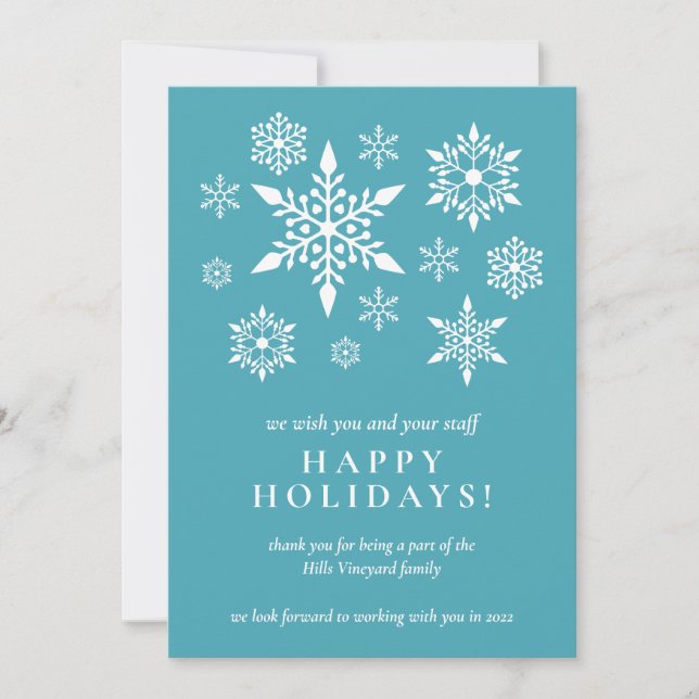 Snowflakes on Turquoise Business Holiday Thank You Invitation (Front)