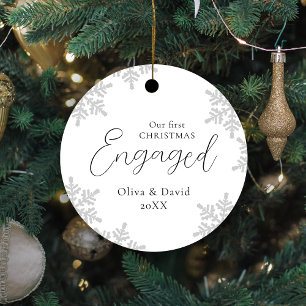 Snowflakes Our First Christmas Engaged Script Meta Metal Ornament