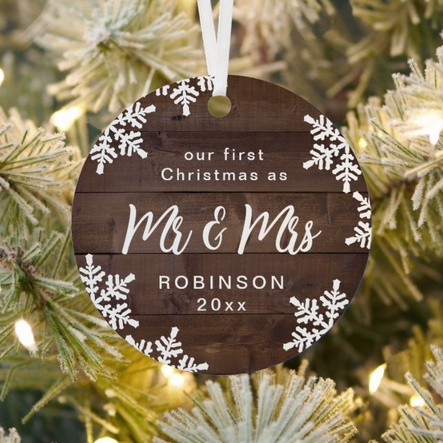 Snowflakes Our First Christmas Mr & Mrs Script Metal Ornament (Insitu)