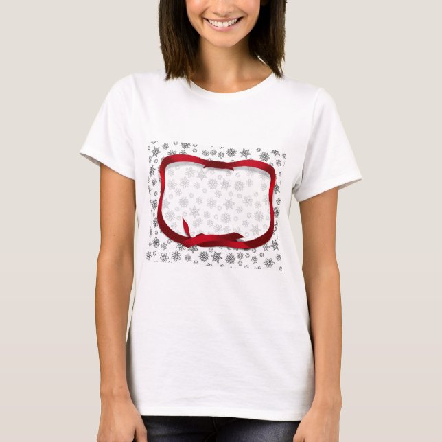 Snowflakes Outlined with Red Ribbon Tag T-Shirt (Front)