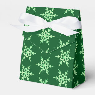 Snowflakes, pale green crystals on dark green favor box