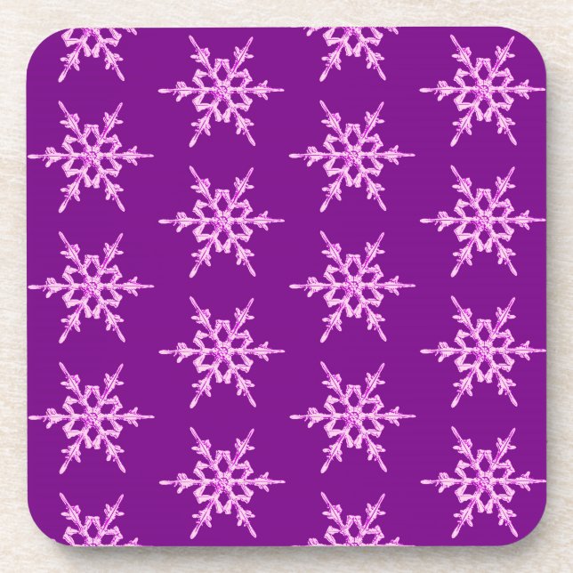 Snowflakes, pale orchid crystals on purple coaster (Front)