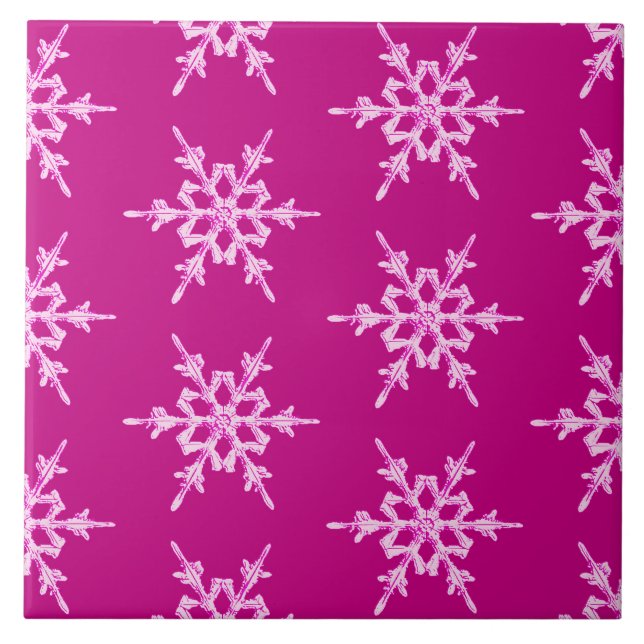 Snowflakes, pale pink crystals on magenta tile (Front)