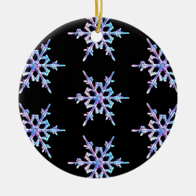 Snowflakes, pastel Iridescent crystal on black Ceramic Ornament (Front)