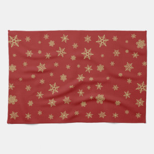 Snowflakes Pattern Gold on Red Kitchen Towel