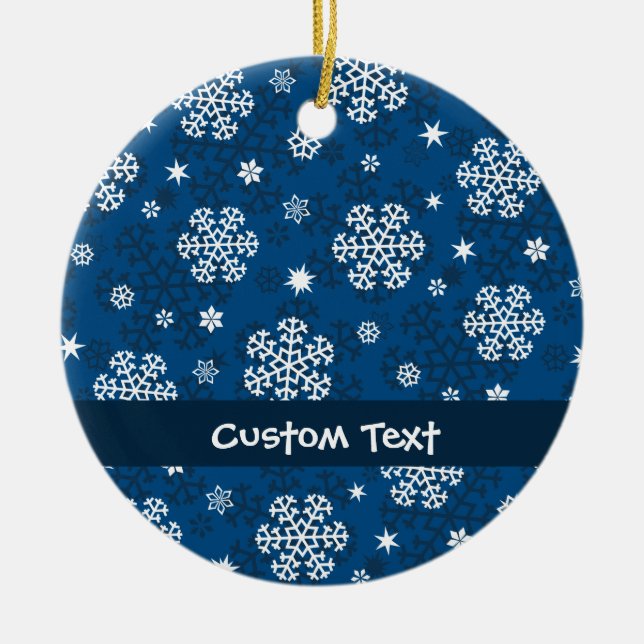 Snowflakes Pattern on Blue Ceramic Ornament (Front)