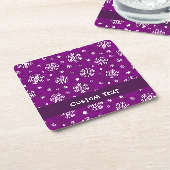 Snowflakes Pattern on Purple Square Paper Coaster (Angled)