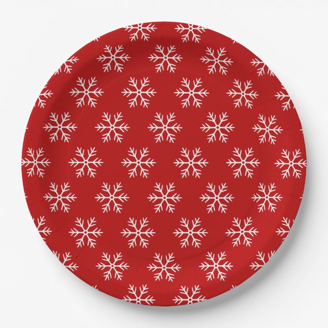 Snowflakes Pattern Red Christmas Paper Plate (Front)
