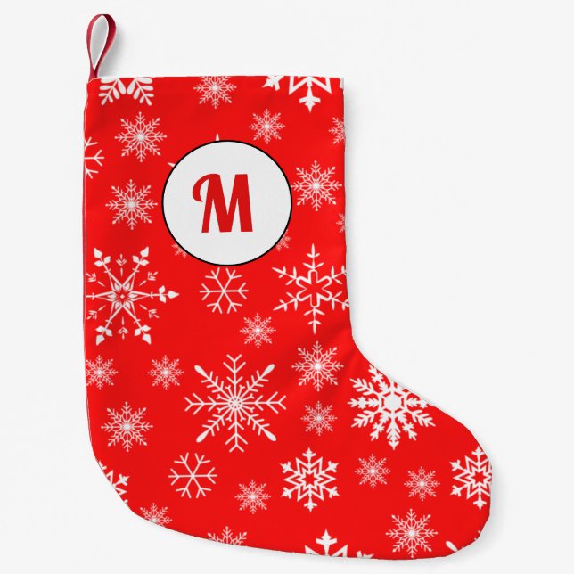 Snowflakes pattern white and red initial monogram small christmas stocking (Front)
