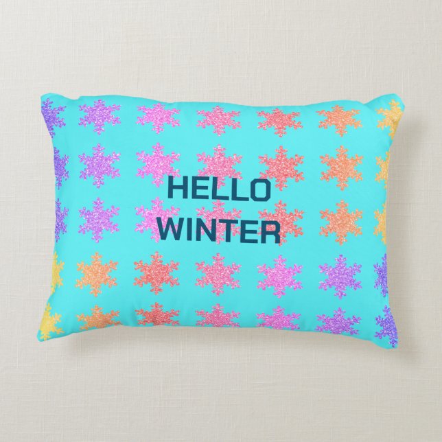 Snowflakes Patterns Hello Winter Typography Blue Accent Pillow (Back)