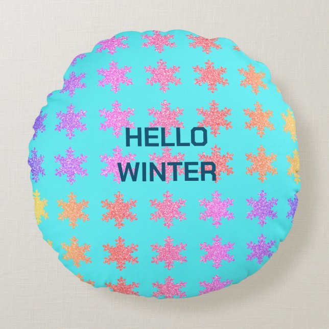 Snowflakes Patterns Hello Winter Typography Blue Round Pillow (Front)
