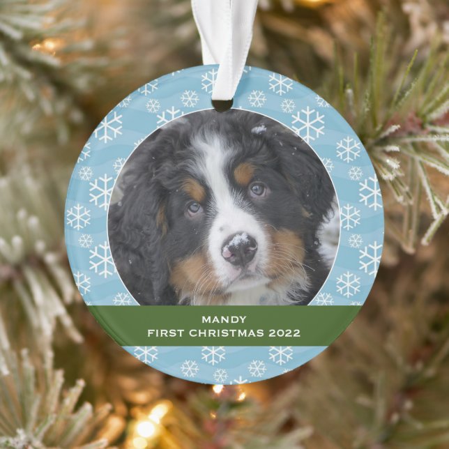 Snowflakes personalized Dog First Christmas photo  Ornament (Tree)
