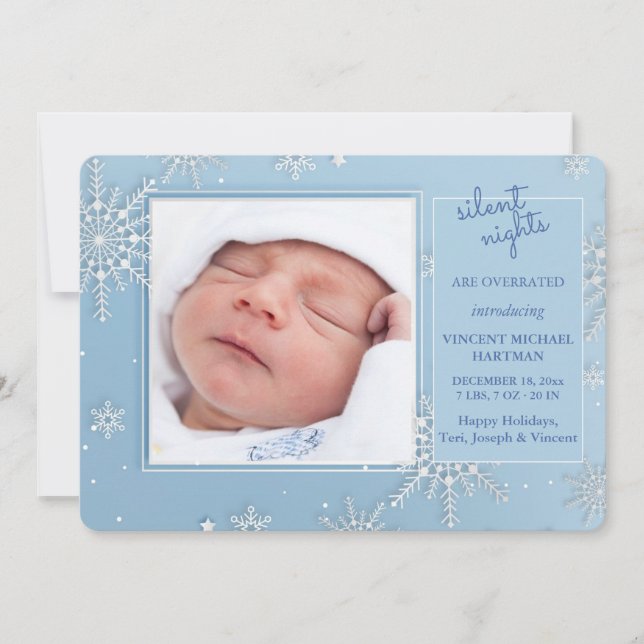 Snowflakes Photo Blue Birth Announcement (Front)