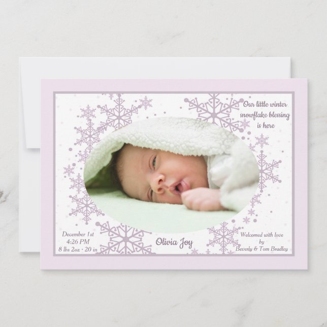 Snowflakes Photo Frame Pink Birth Announcement (Front)