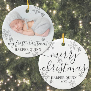 Snowflakes Photo Newborn Baby First Christmas Ceramic Ornament
