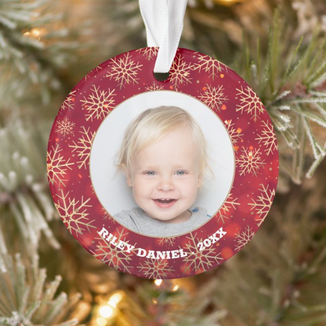 Snowflakes Photo Red Acrylic Ornament (Tree)