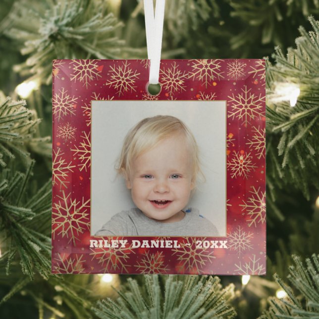 Snowflakes Photo Red Glass Ornament (Insitu)