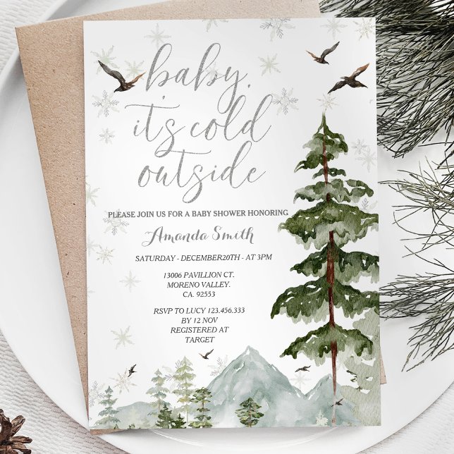 Snowflakes Pine Trees Cold Outside Baby Shower  Invitation (Creator Uploaded)