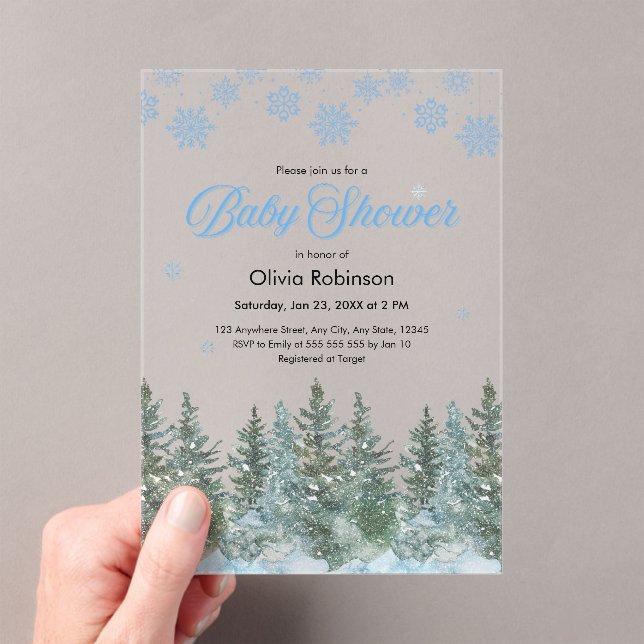 Snowflakes Pine Trees Winter Baby Shower Acrylic Invitations (Insitu (Handheld))
