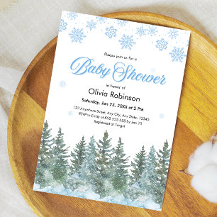 Snowflakes Pine Trees Winter Baby Shower Invitation