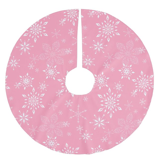 Snowflakes Pink Brushed Polyester Tree Skirt (Front)