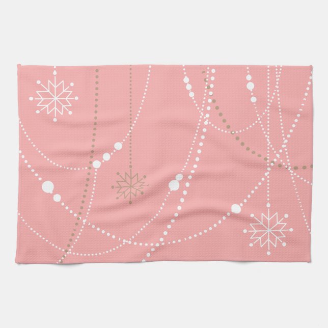 Snowflakes pink mid century elegant winter cute kitchen towel (Horizontal)
