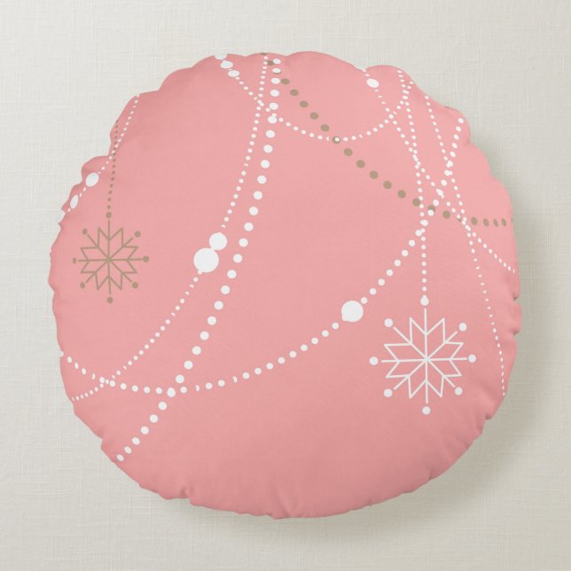 Snowflakes pink mid century elegant winter cute round pillow (Front)