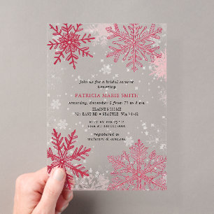 Snowflakes Pink Red Christmas Winter Bridal Shower Acrylic Invitations
