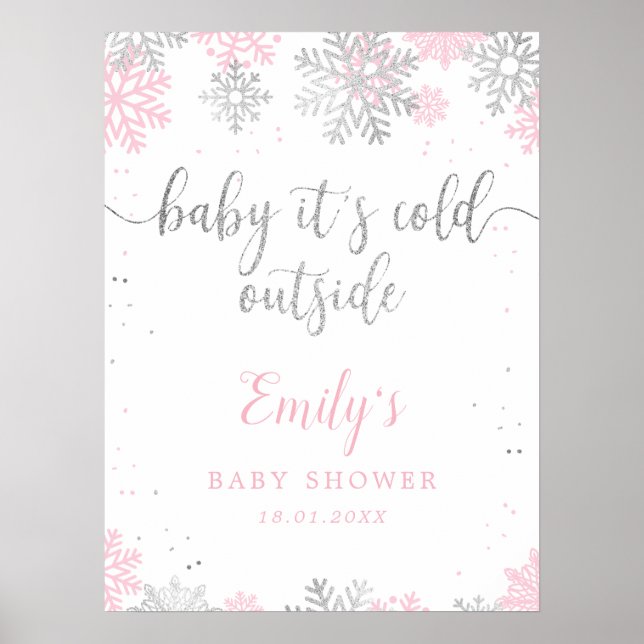 Snowflakes Pink Silver Baby Shower Welcome Sign (Front)