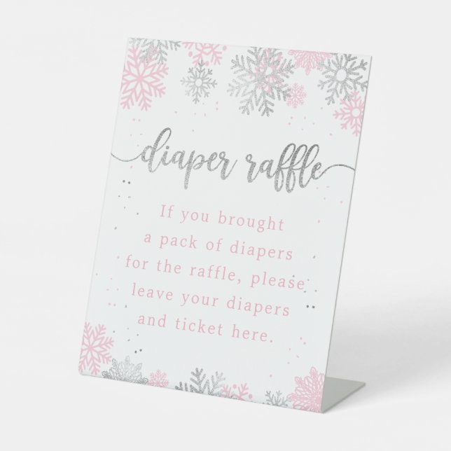 Snowflakes Pink Silver Diaper Raffle Baby Shower Pedestal Sign (Front)