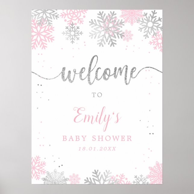 Snowflakes Pink Silver Girl Baby Shower Welcome Poster (Front)