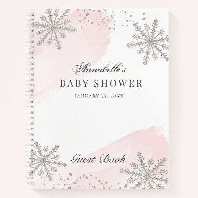 Snowflakes Pink Watercolor Baby Shower Guest Book (Front)