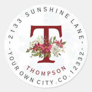 Snowflakes Poinsettia Monogram Address Label