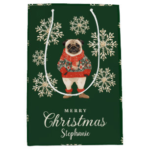 Snowflakes Pug Dog Green Christmas Gift Bag