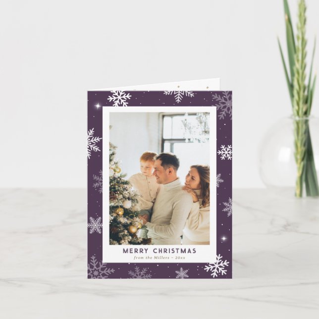 Snowflakes Purple Photo Merry Christmas Holiday Card (Front)
