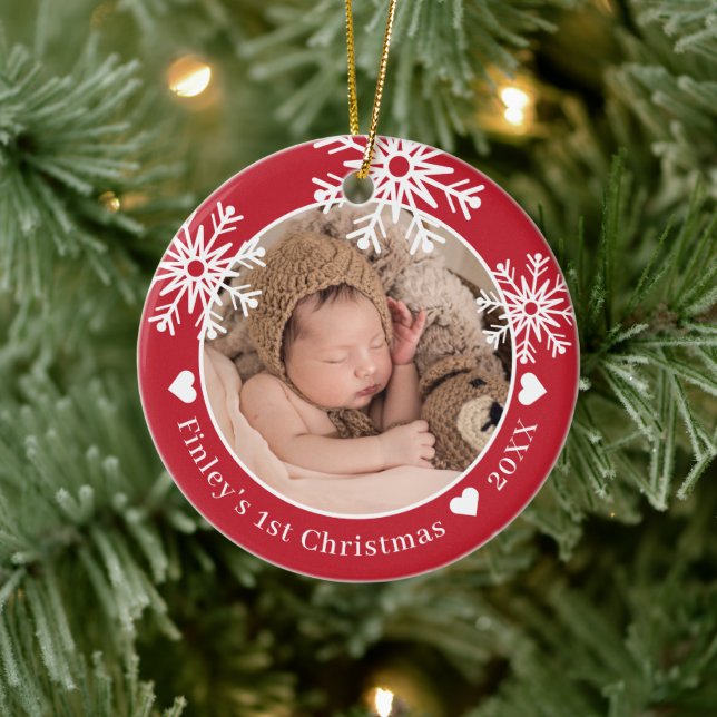 Snowflakes Red Baby's First Christmas Photo Ceramic Ornament (Tree)