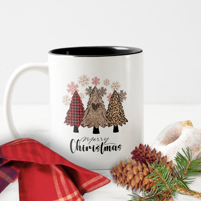Snowflakes Red Buffalo Plaid Boho Christmas Tree Two-Tone Coffee Mug (Creator Uploaded)