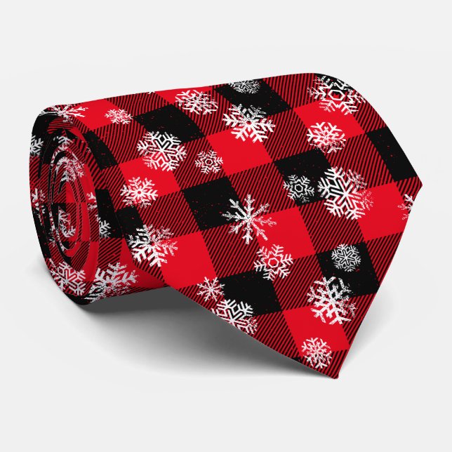 Snowflakes Red Buffalo Plaid l Christmas Pattern Tie (Rolled)